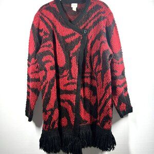 Chicos‎ Sweater Knit Wool Blend Black Red Cardigan Jacket Large Animal Fringe